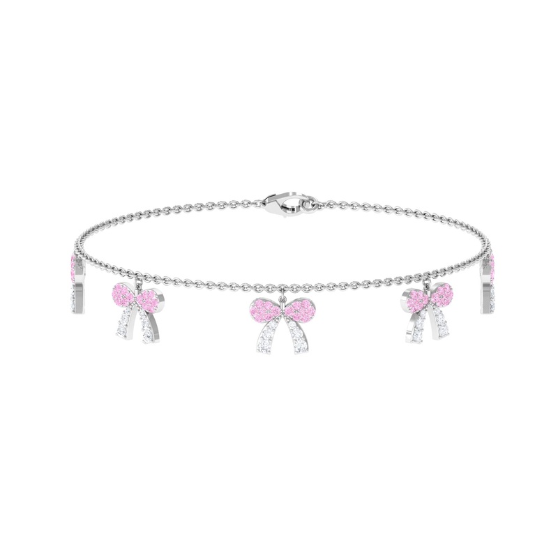Pink Sapphire and Moissanite Bow Charm Bracelet