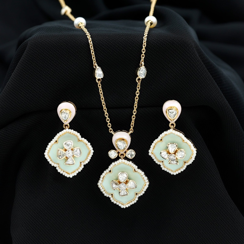 Polki Diamond and Enamel Flower Necklace Set with Freshwater Pearl