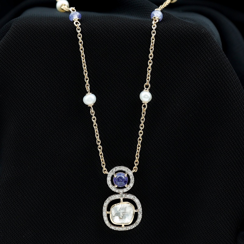 Polki Diamond and Tanzanite Dangle Necklace with Freshwater Pearl Station Chain