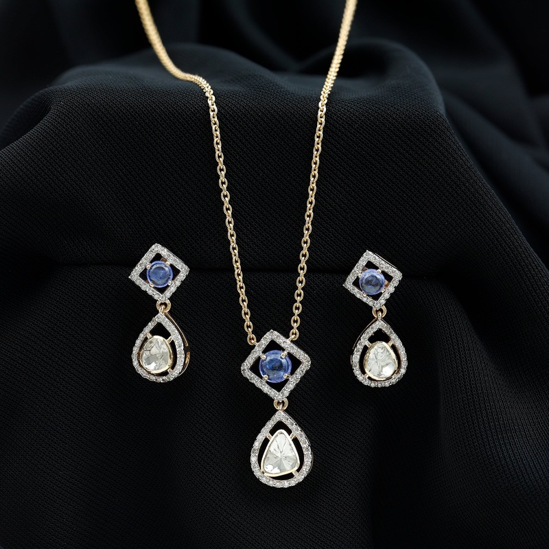Polki Diamond and Tanzanite Drop Necklace and Earrings Set