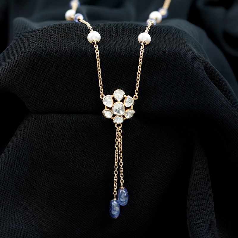 Polki Diamond Flower Dangle Necklace with Tanzanite and Freshwater Pearl