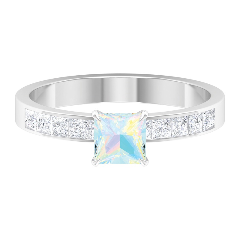 Princess Cut Ethiopian Opal Solitaire Ring with Diamond Side Stones