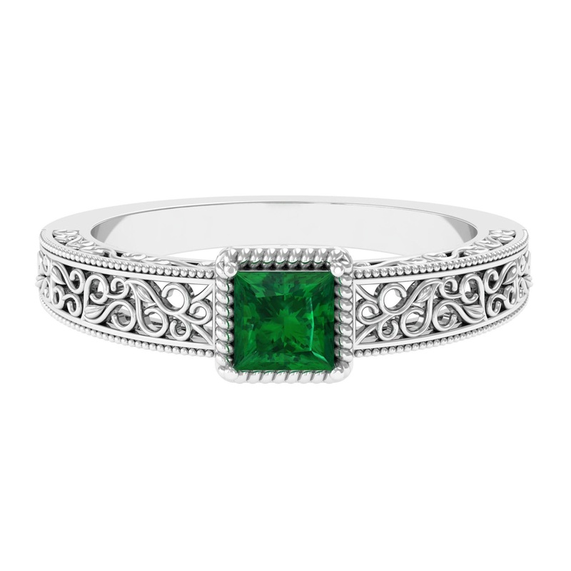 Princess Cut Lab Grown Emerald Solitaire Filigree Engagement Ring