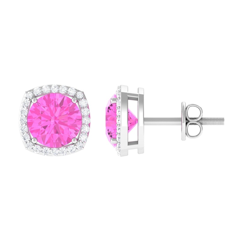 Round Pink Sapphire and Diamond Classic Halo Stud Earrings