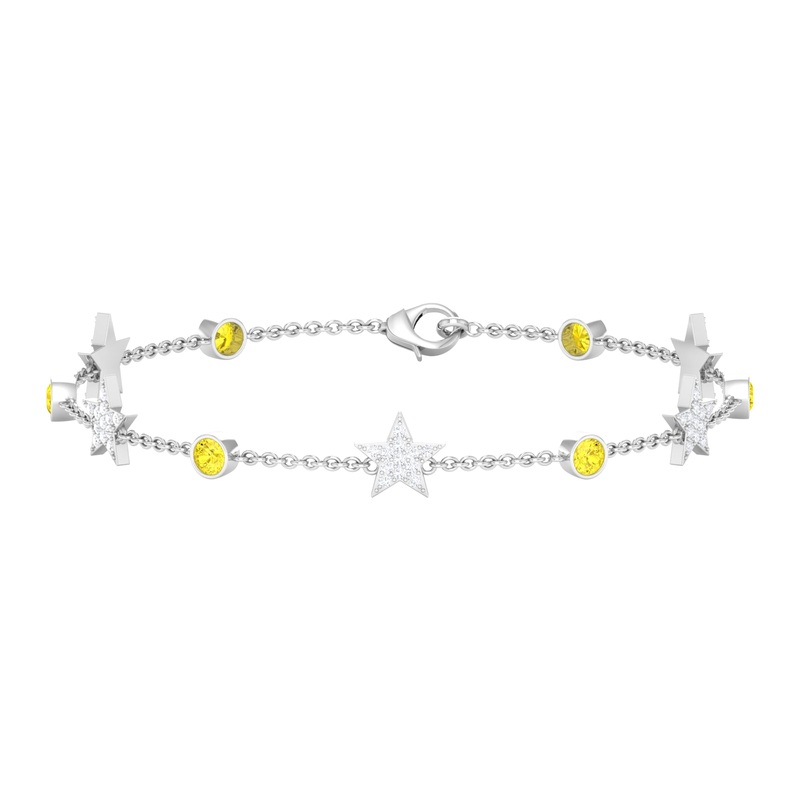 Round Yellow Sapphire and Diamond Star Station Chain Bracelet