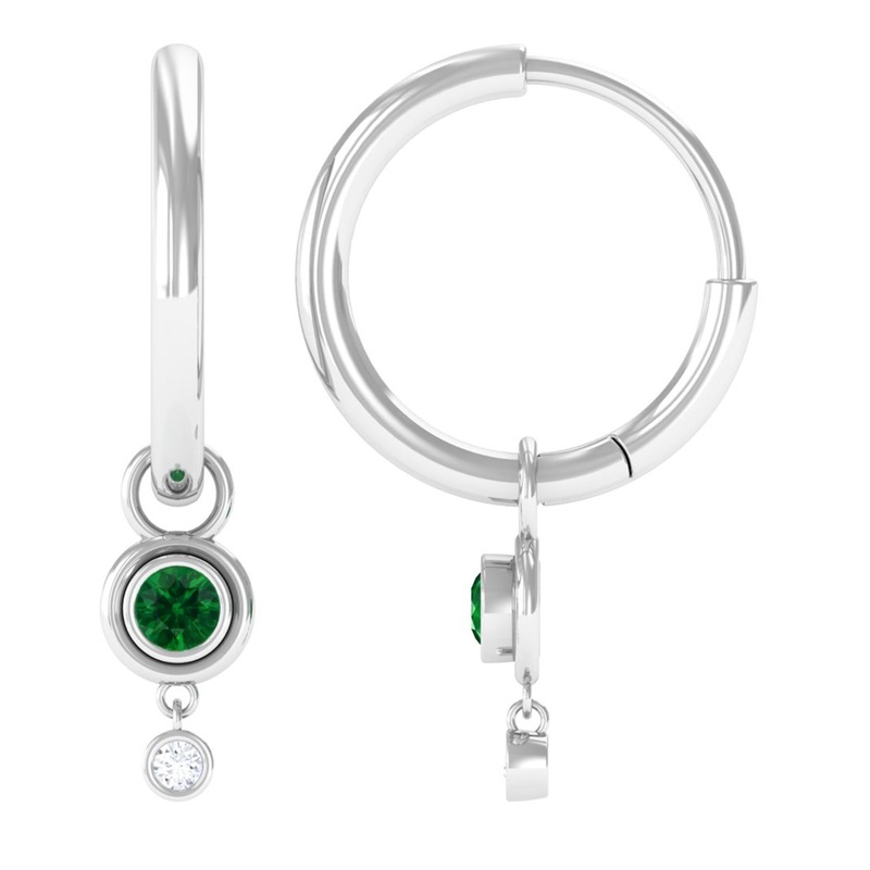 Simple Lab Grown Emerald and Diamond Drop Hoop Earrings
