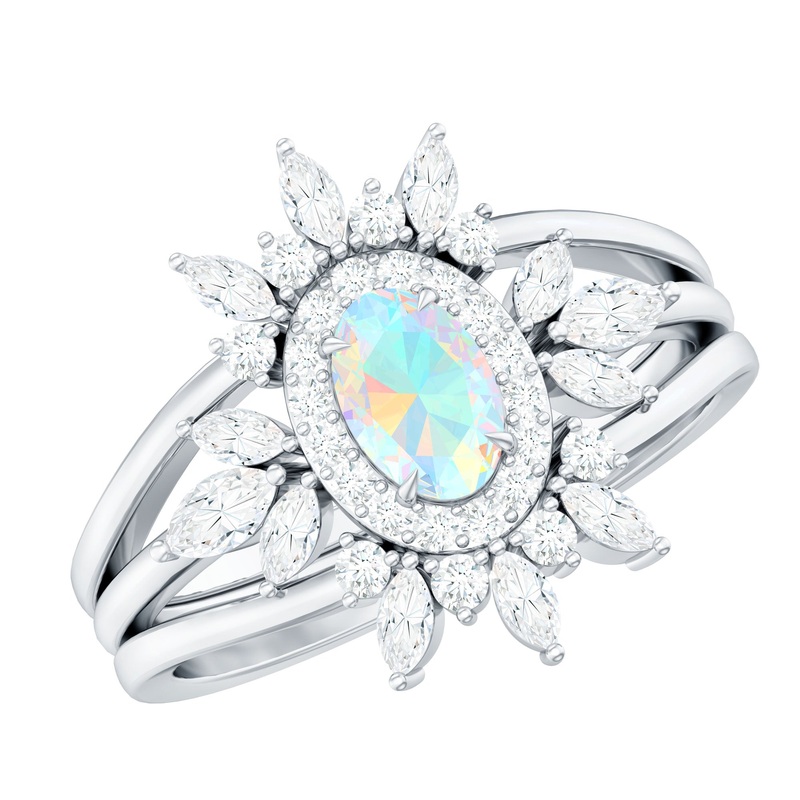 Trio Wedding Ring Set with Oval Ethiopian Opal and Moissanite