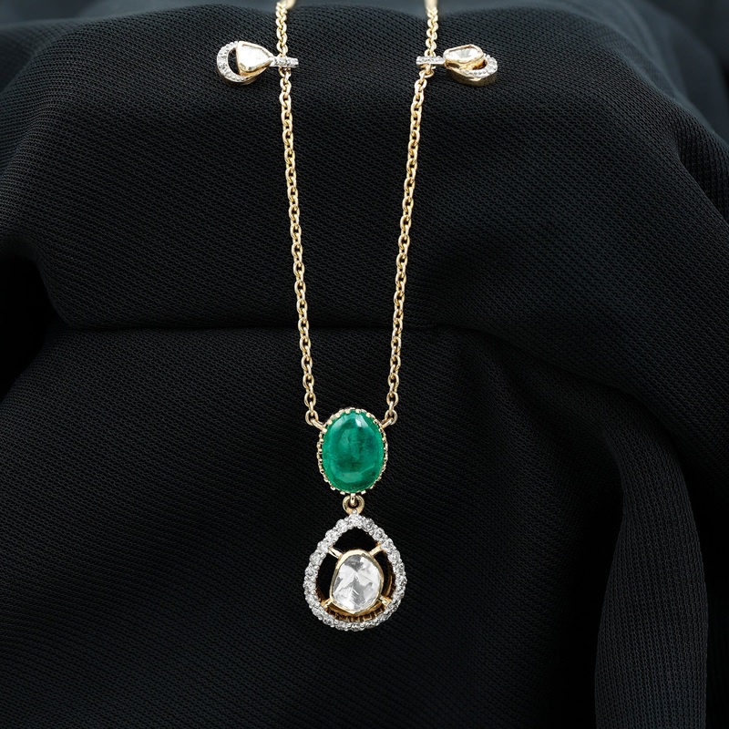 Uncut Diamond and Emerald Drop Pendant Necklace in 18k Gold