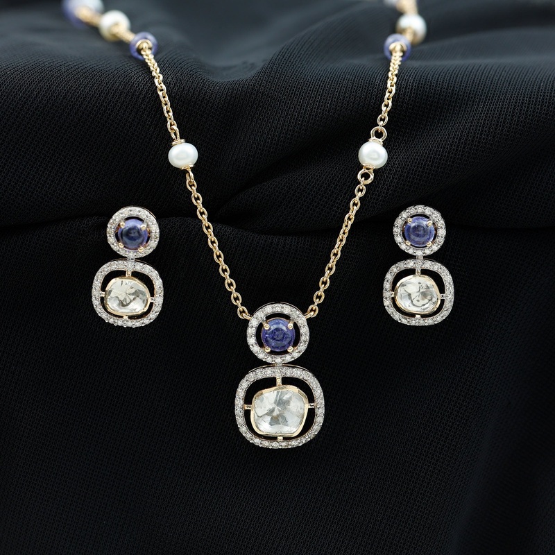 Uncut Diamond and Tanzanite Halo Necklace and Earrings Set
