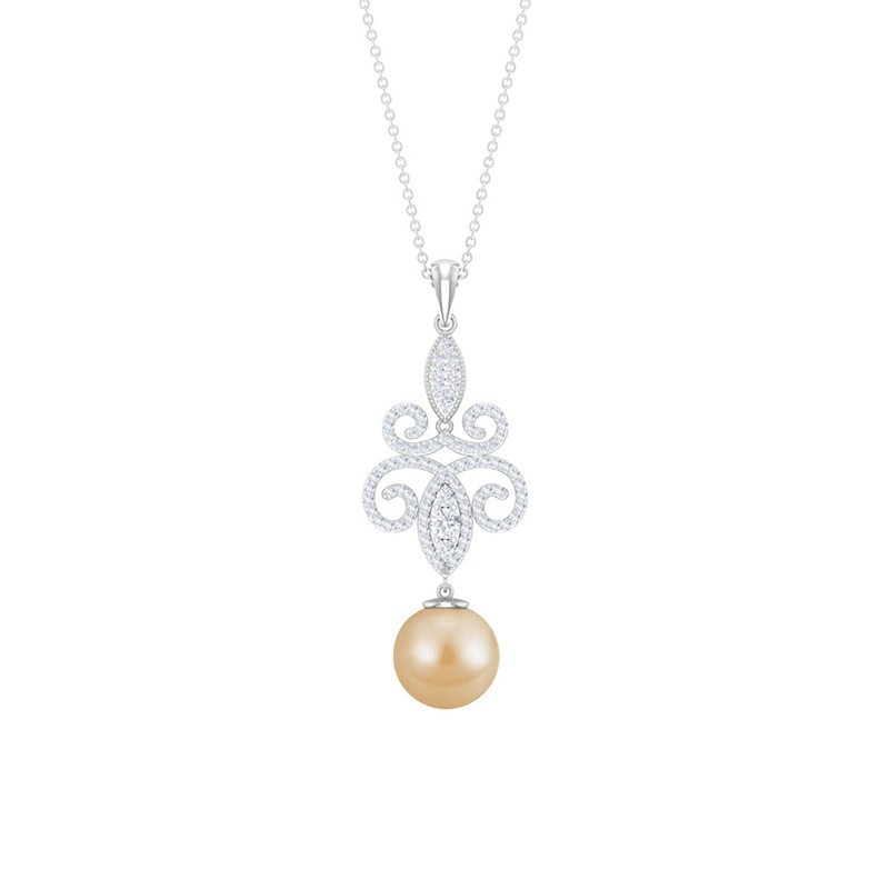 Vintage Inspired South Sea Pearl and Moissanite Dangle Pendant