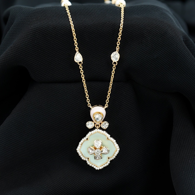 Vintage Style Polki Diamond Flower Pendant Necklace with Enamel