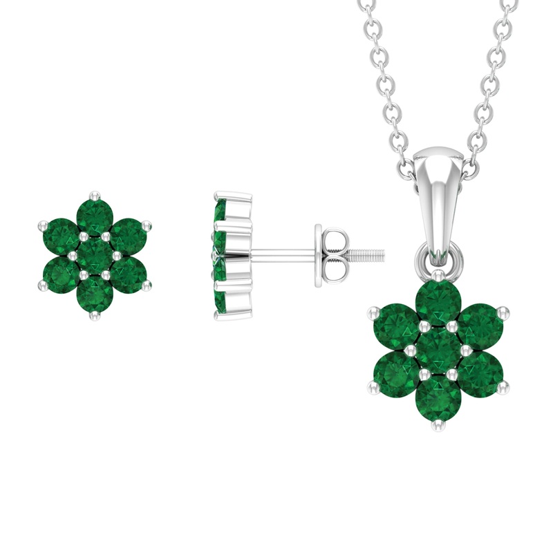 1.25 CT Round Cut Emerald Floral Pendant and Earring Set