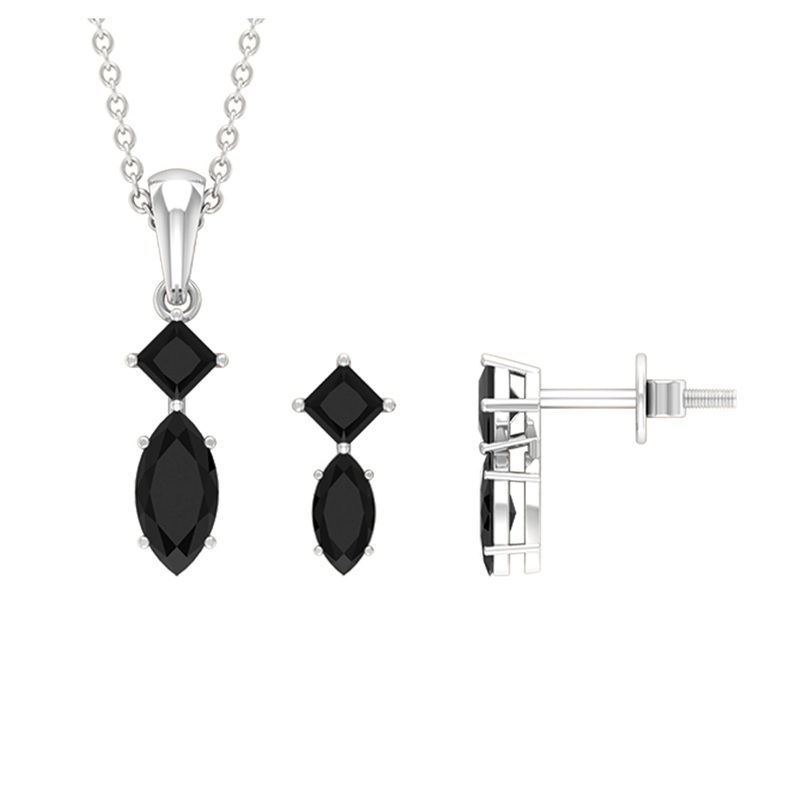 1.5 CT Princess and Marquise Shape Black Spinel Dangle Jewelry Set for Women