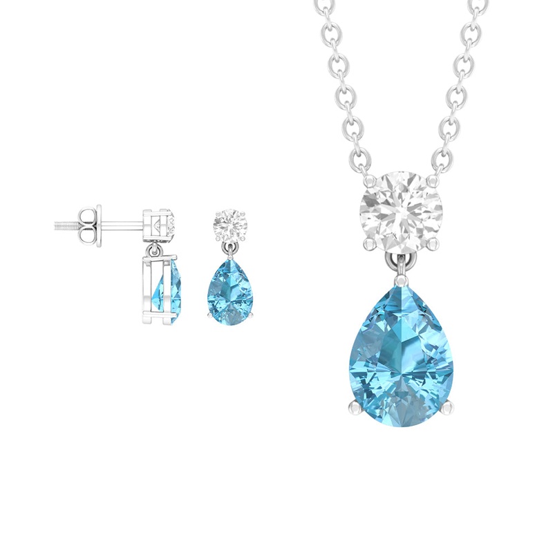 2.25 CT Pear Cut Aquamarine Tear Drop Jewelry Set with Moissanite