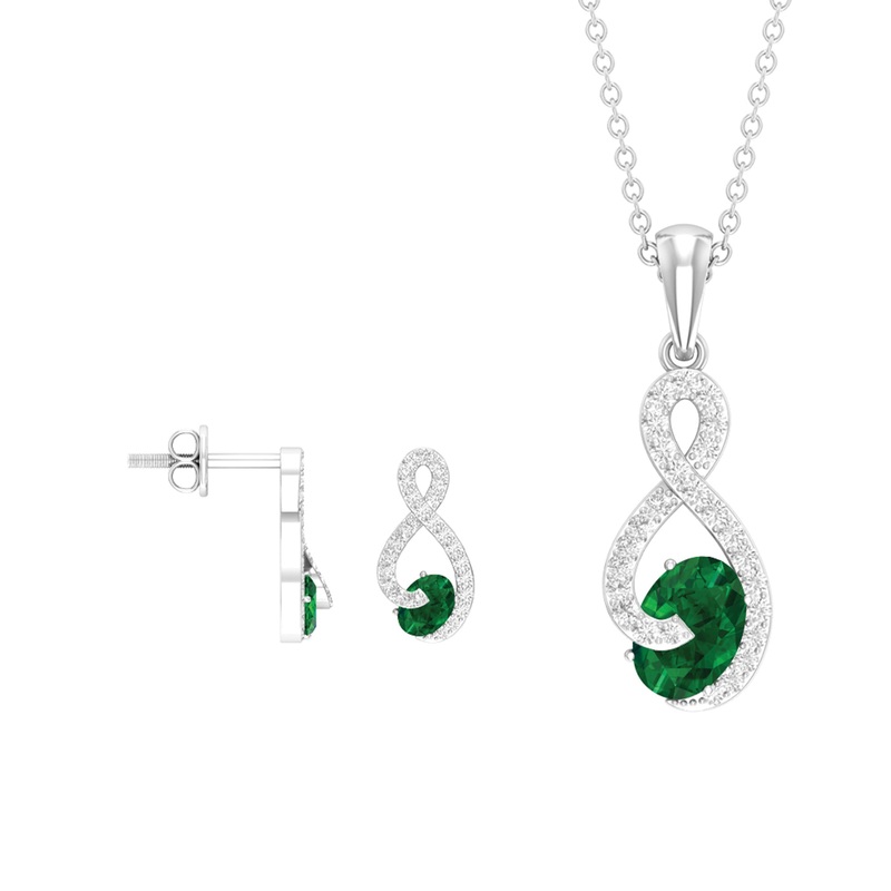 Infinity Jewelry Set with Oval Shape Emerald and Diamond