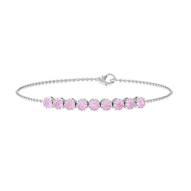 Milgrain Bezel Set Round Pink Sapphire Nine Stone Chain Bracelet