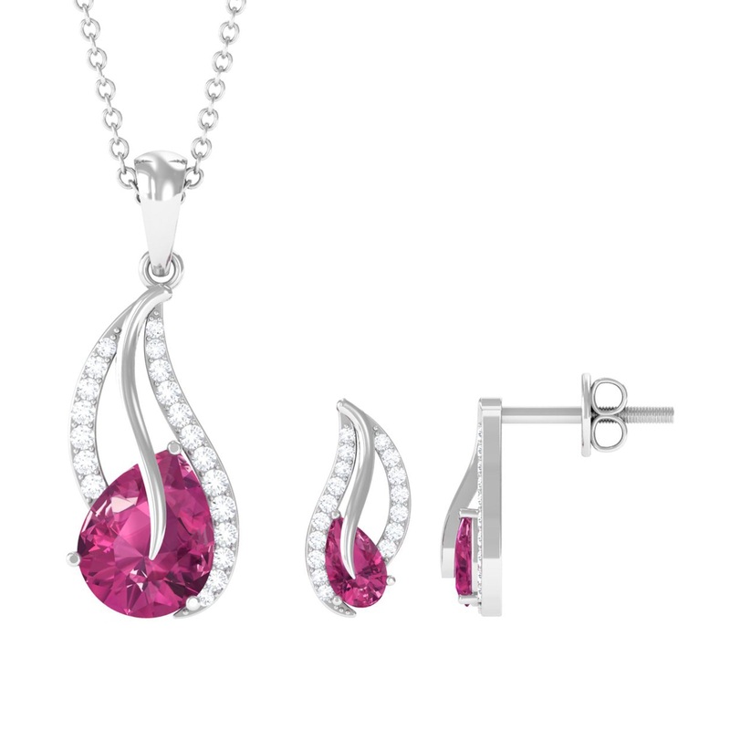 Pear Shape Pink Tourmaline and Diamond Leaf Jewelry Set