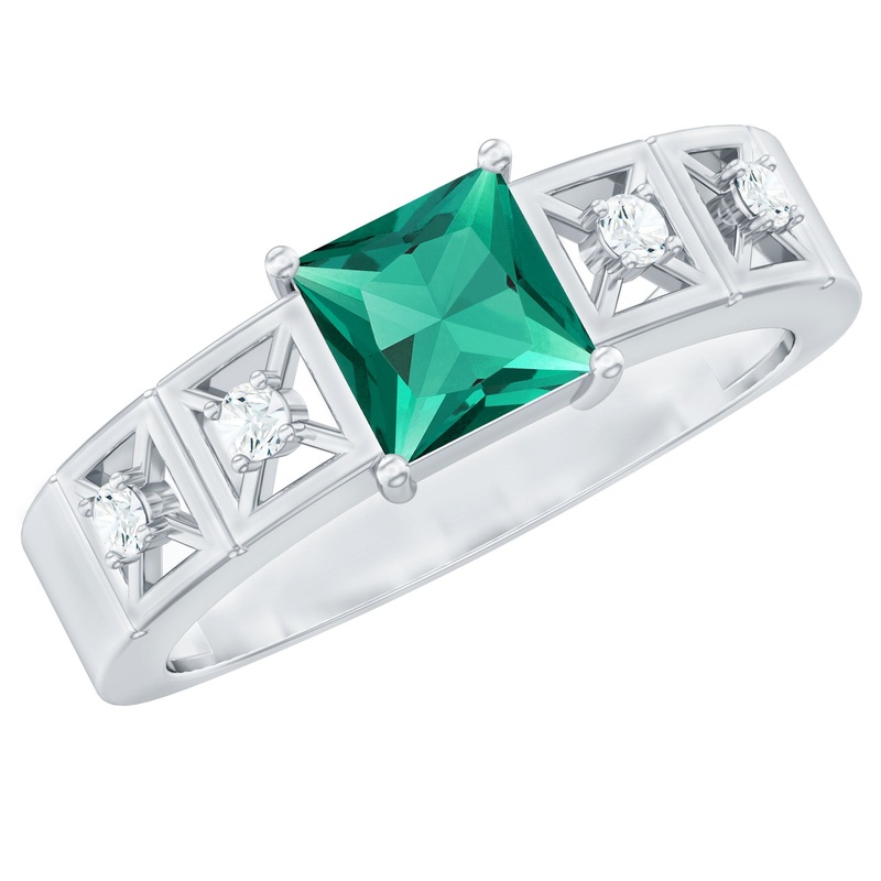 Princess Cut Lab Grown Emerald and Diamond Wedding Band Ring