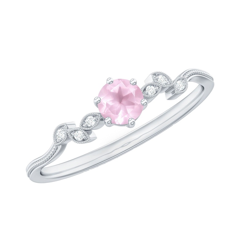 Rose Quartz and Diamond Leaf Promise Ring with Beaded Detailing