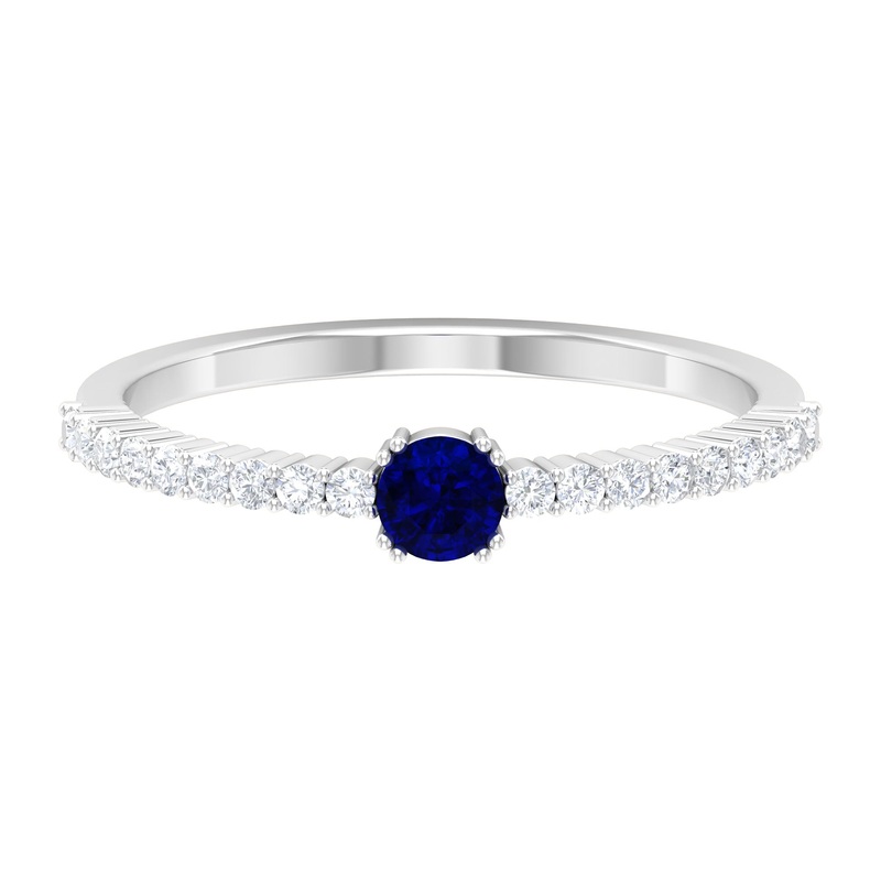 Round Blue Sapphire Dainty Promise Ring with Diamond