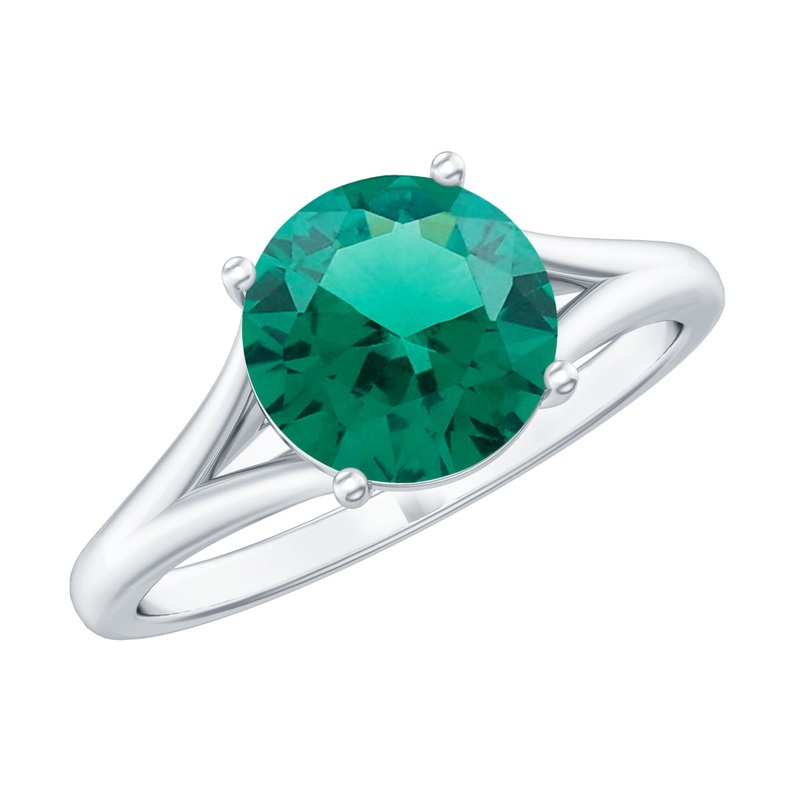 Round Lab Grown Emerald Solitaire Engagement Ring in Split Shank