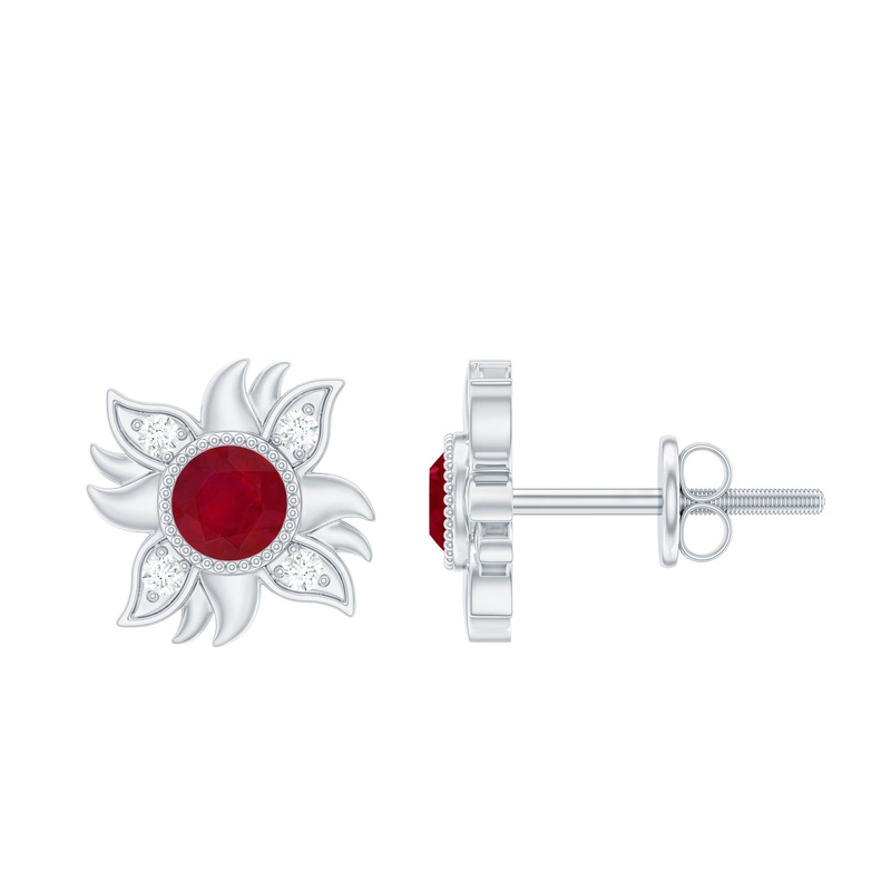Round Shape Ruby and Diamond Sunburst Stud Earrings