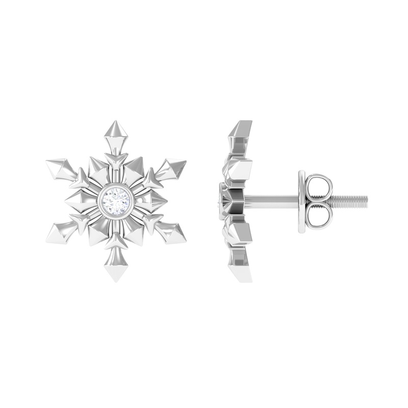 Snowflake Stud Earrings with Bezel Set Diamond