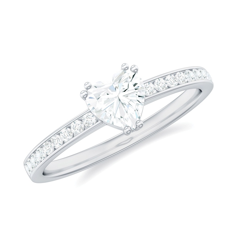 Solitaire Moissanite Heart Engagement Ring with Side Stones