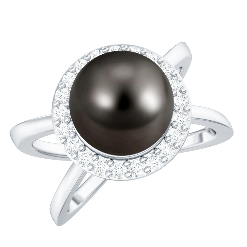 Tahitian Pearl and Diamond Halo Engagement Ring in Criss Cross Shank