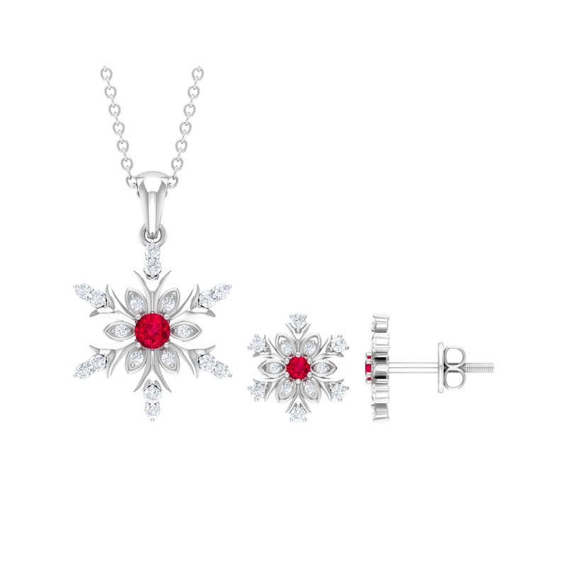 Vintage Lab Grown Ruby and Diamond Snowflake Pendant and Earrings