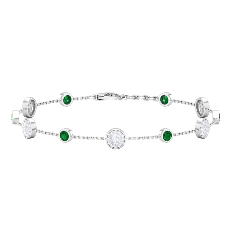 Bezel Set Emerald and Diamond Station Chain Bracelet