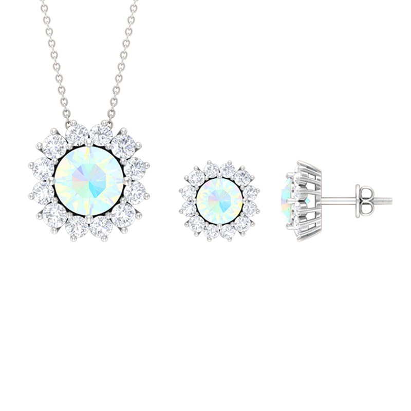 Certified Opal Moissanite Halo Jewelry Set For Women