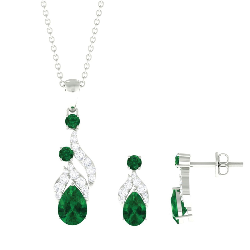 Designer Created Emerald and Diamond Dangle Jewelry Set
