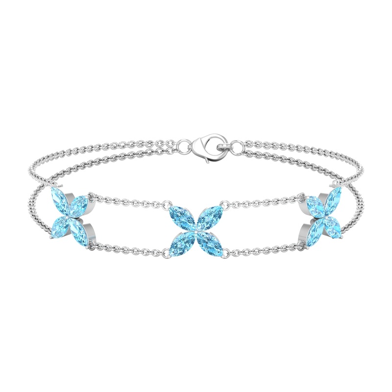 Marquise Cut Aquamarine Floral Double Chain Bracelet