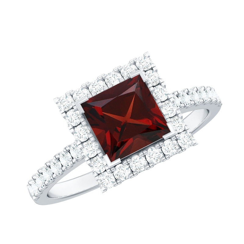 Princess Cut Garnet and Diamond Halo Engagement Ring