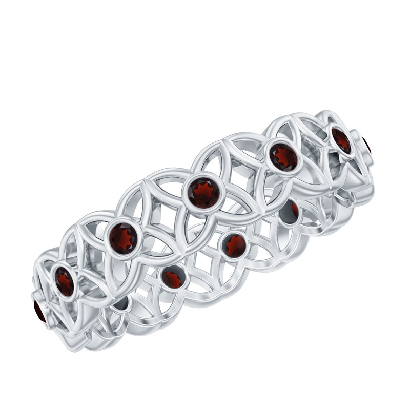 Real Garnet Flower Wedding Band Ring with Cutwork