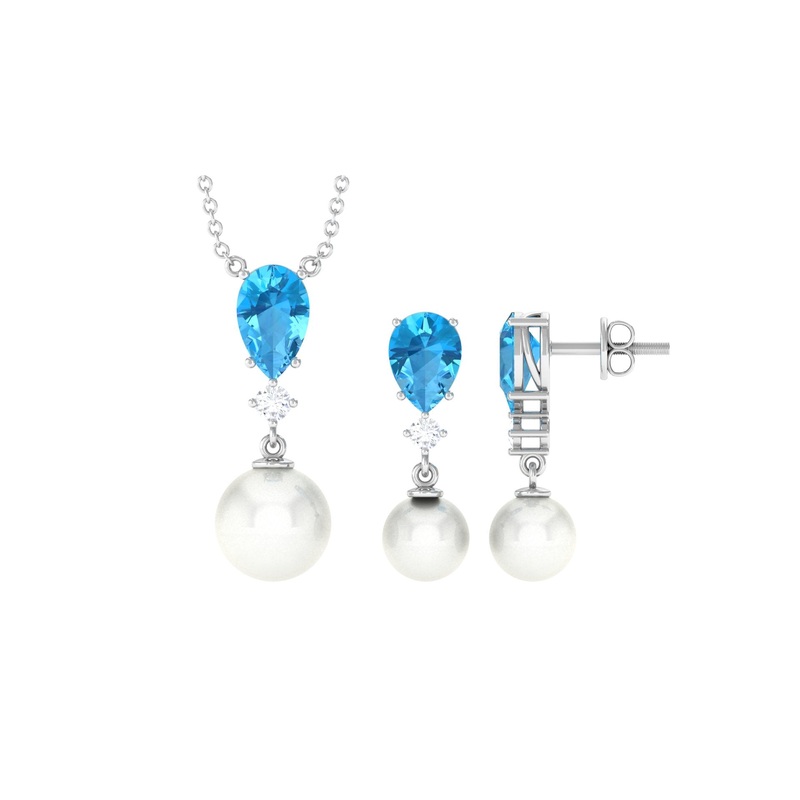 Swiss Blue Topaz and Diamond Jewelry Set with Freshwater Pearl Drop