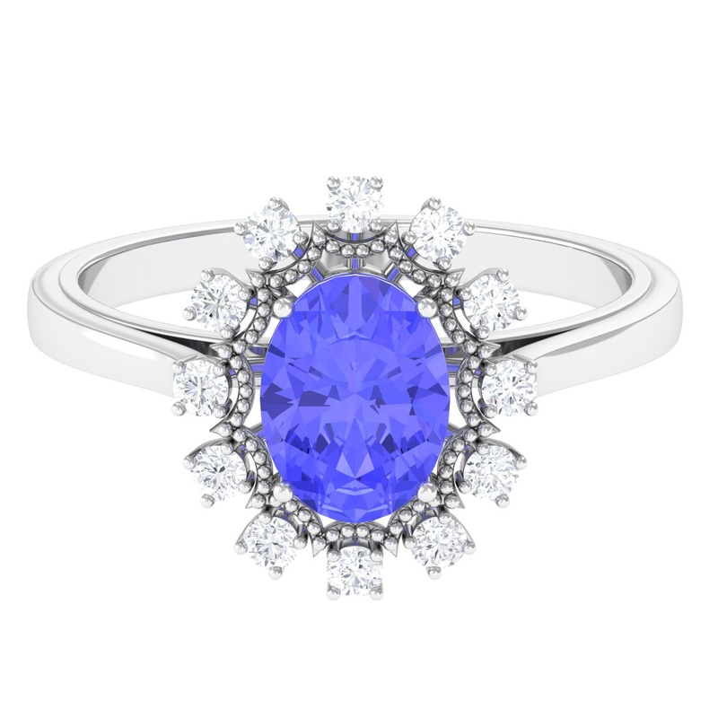 Vintage Inspired Oval Tanzanite and Diamond Halo Ring