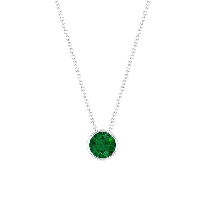 Round Shape Emerald Solitaire Necklace in Bezel Setting