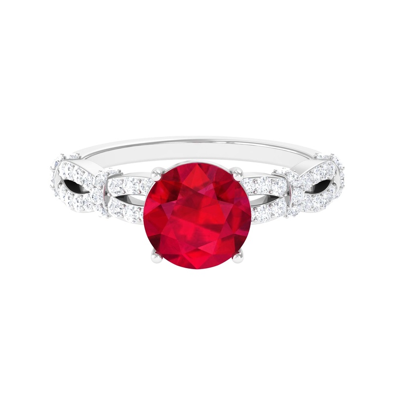 Solitaire Created Ruby and Diamond Crisscross Engagement Ring