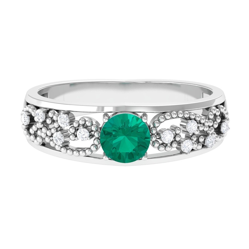 Solitaire Emerald and Diamond Vintage Band Ring