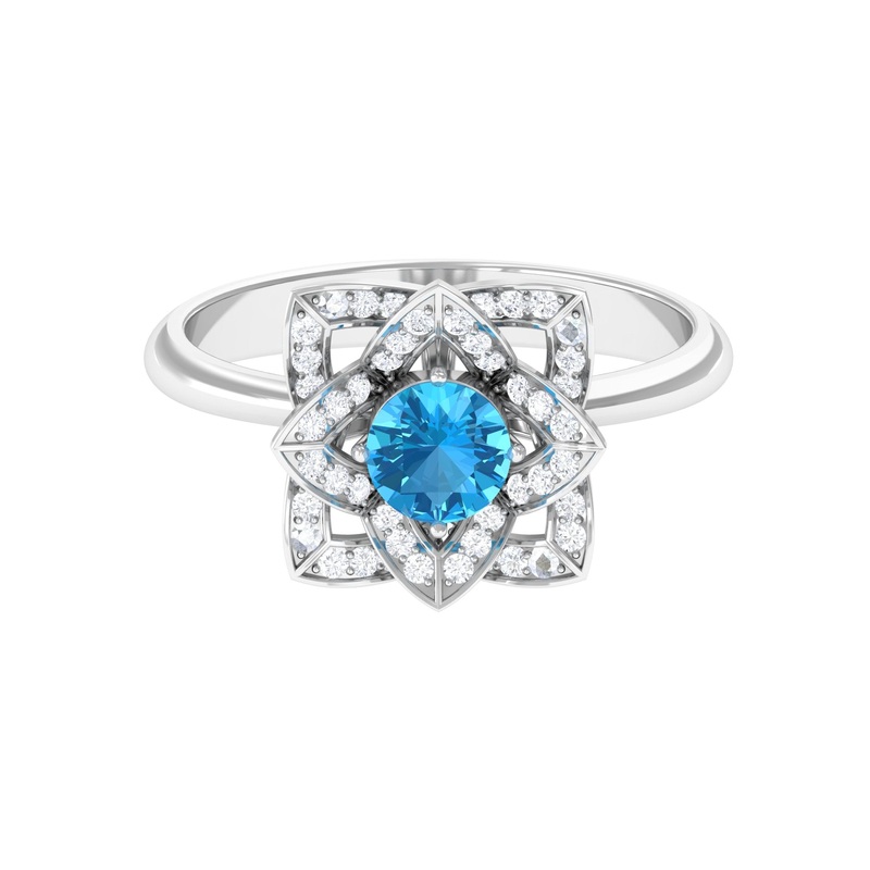 Swiss Blue Topaz and Diamond Floral Engagement Ring