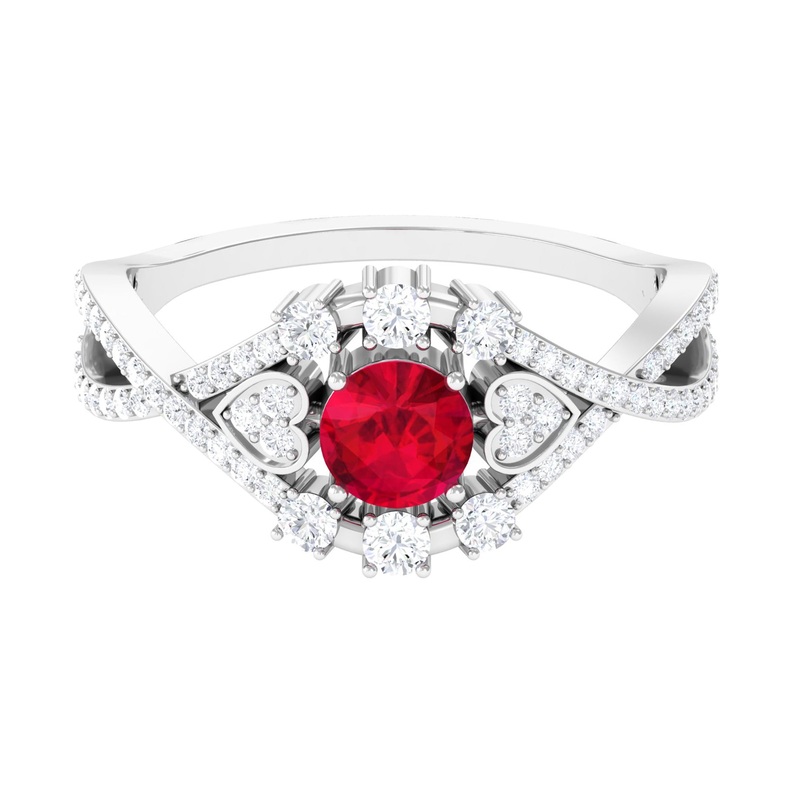 Vintage Created Ruby Crossover Engagement Ring with Moissanite
