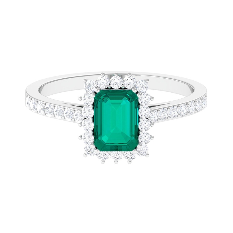 Vintage Inspired Octagon Cut Emerald and Diamond Halo Engagement Ring