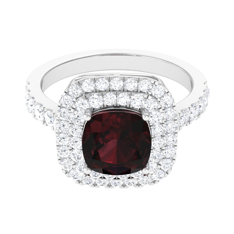 Vintage Style Cushion Cut Garnet Double Halo Engagement Ring with Moissanite