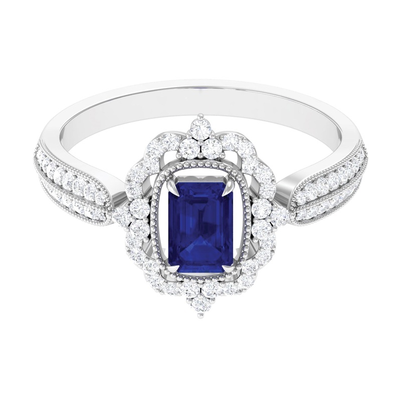 Vintage Style Octagon Blue Sapphire Engagement Ring with Diamond Floral Halo