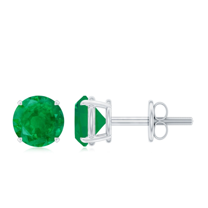 Round Shape Emerald Solitaire Stud Earrings