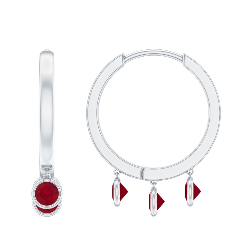 Ruby 3 Stone Hoop Drop Earrings in Bezel Setting