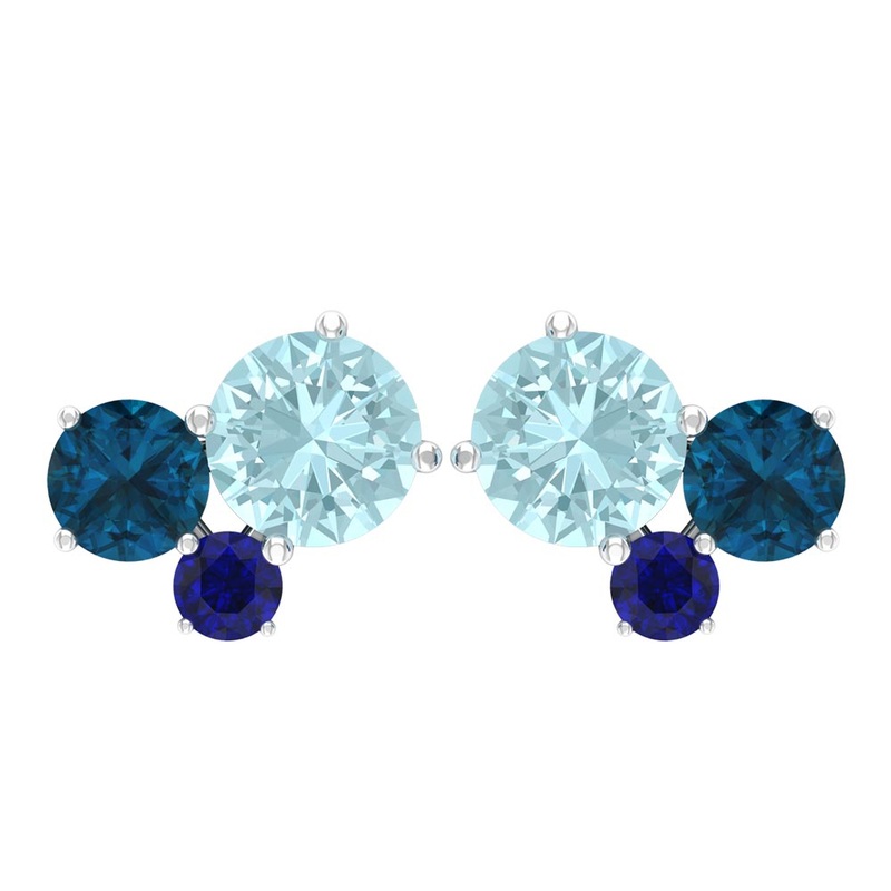 Sky Blue Topaz Three Stone Stud Earrings with London Blue Topaz and Blue Sapphire