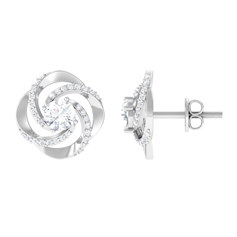 Swirl Stud Earrings Round Shape Moissanite in Prong Setting